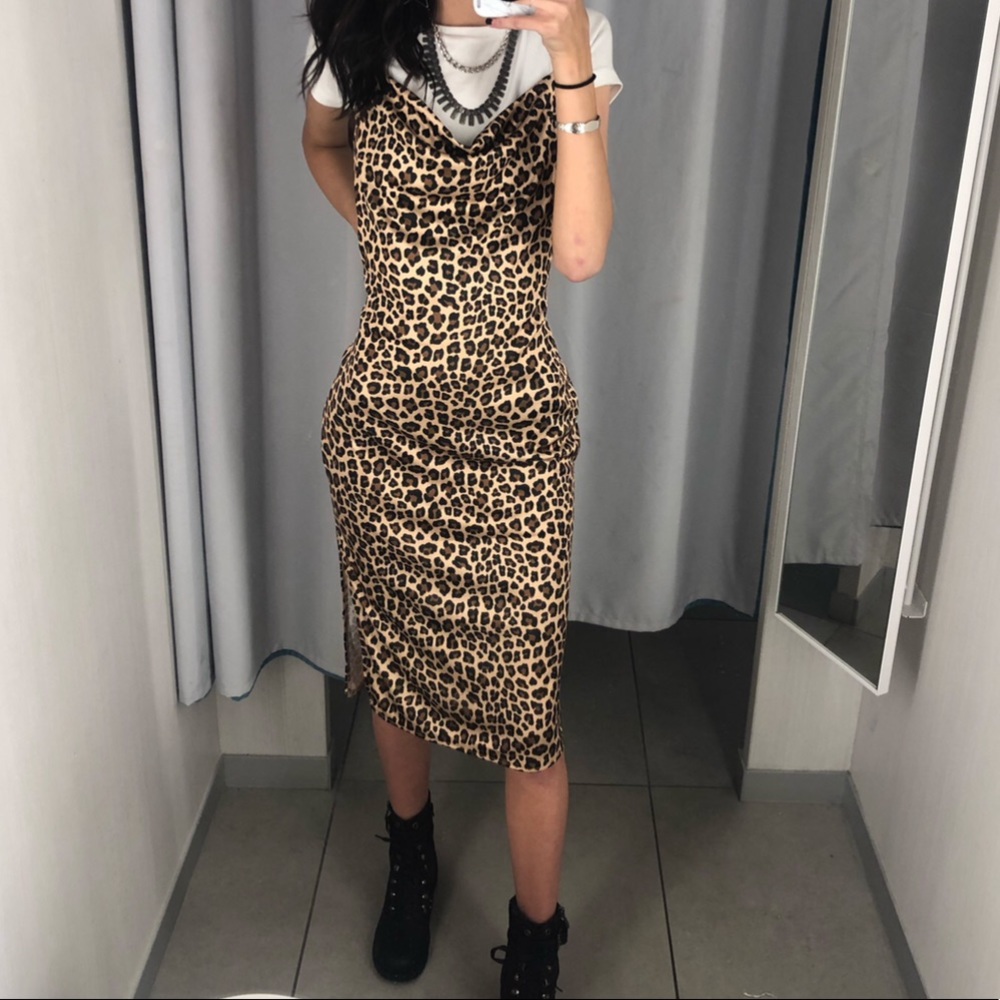Leopard Midi Silk Cowl Neck Dress